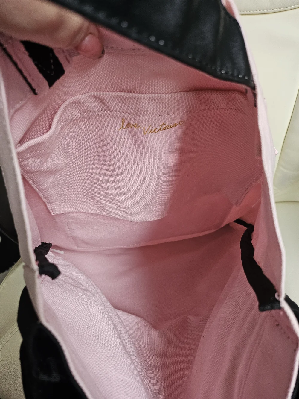 Victoria's Secret Double Black Tote Bag with Gold 'Love Made Me Do It' Print